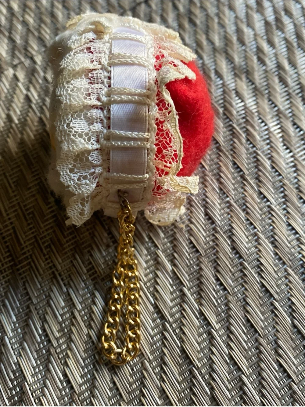Antique German Spun Cotton Christmas Ornament Paper Scrap Face Red Crepe Back